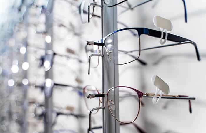 Closeup of glasses on a rack